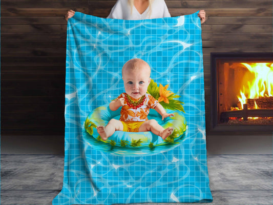 Sherpa Throw Blanket - Custom Baby Face on Baby on Pool Float caricature Tropical Summer Design - Soft Plush Throw Blanket-Jacobson Cottage