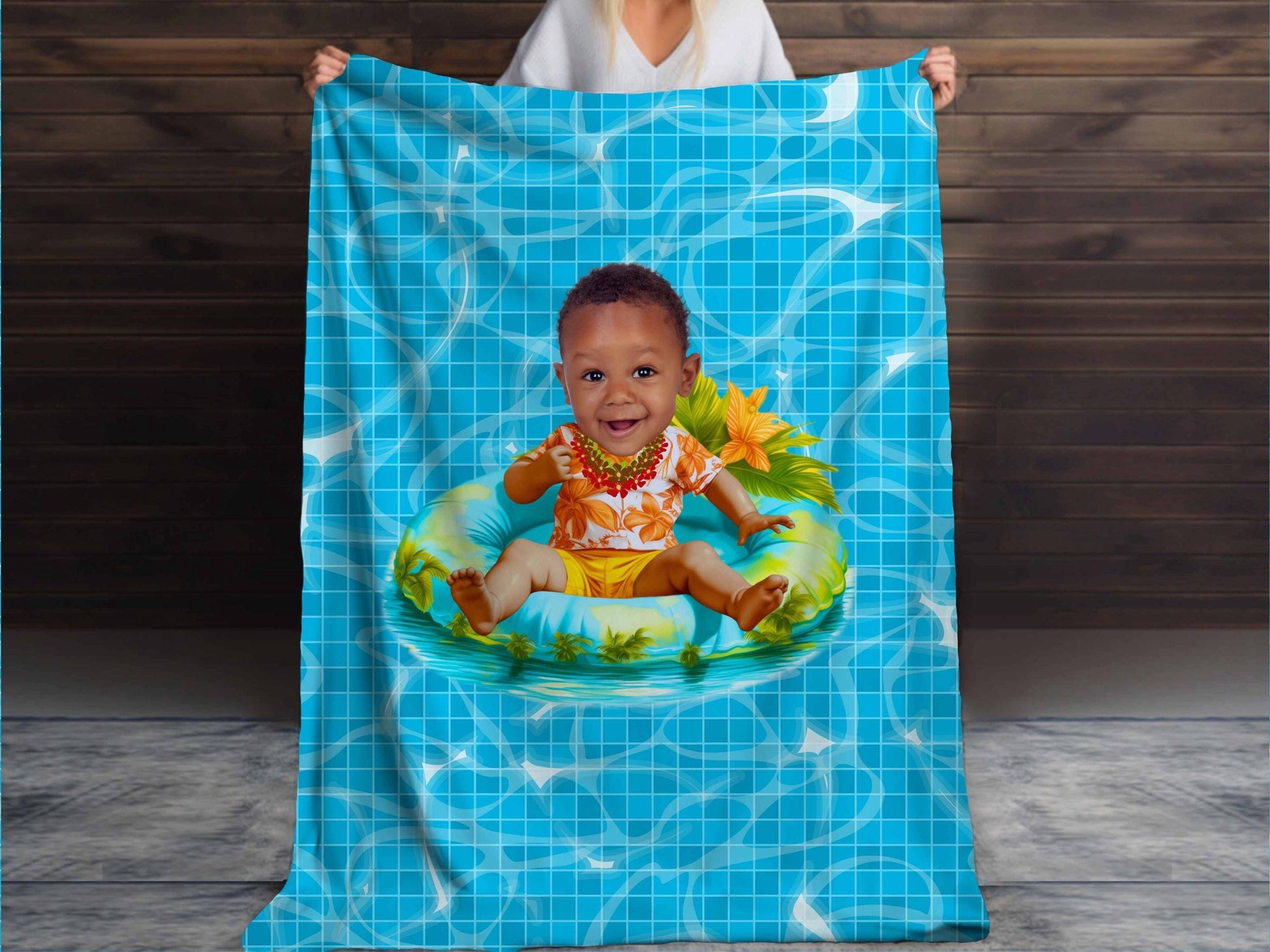 Sherpa Throw Blanket - Custom Baby Face on Baby on Pool Float caricature Tropical Summer Design - Soft Plush Throw Blanket-Jacobson Cottage