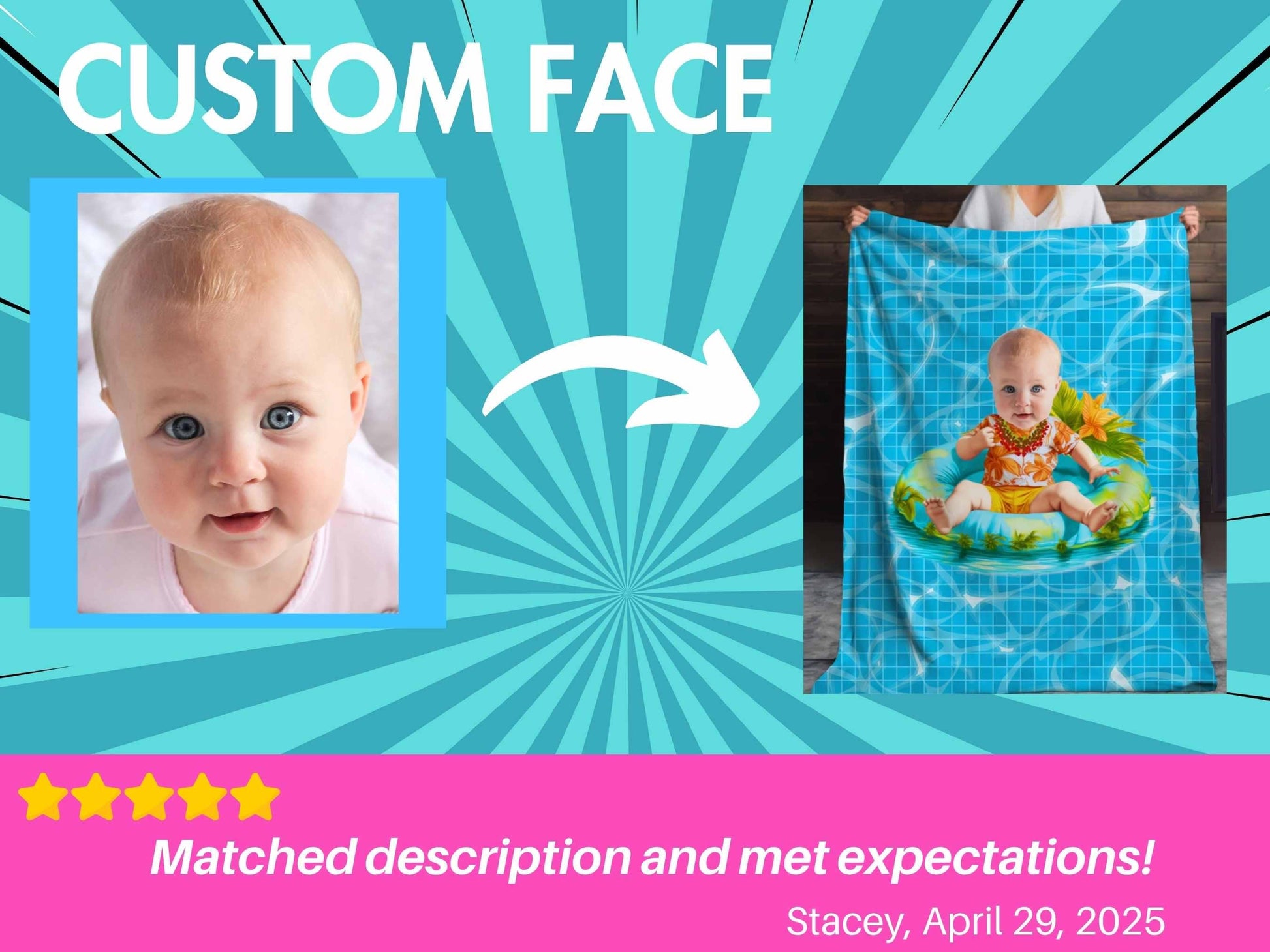 Sherpa Throw Blanket - Custom Baby Face on Baby on Pool Float caricature Tropical Summer Design - Soft Plush Throw Blanket-Jacobson Cottage