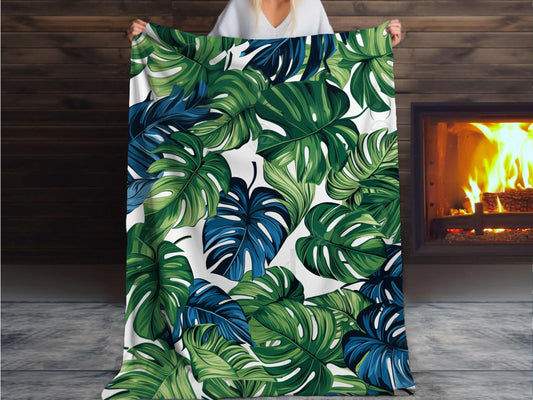 Sherpa Throw Blanket - Tropical Jungle Monstera Leaf Design Blue and Green on White -Soft Plush Throw Blanket-Jacobson Cottage