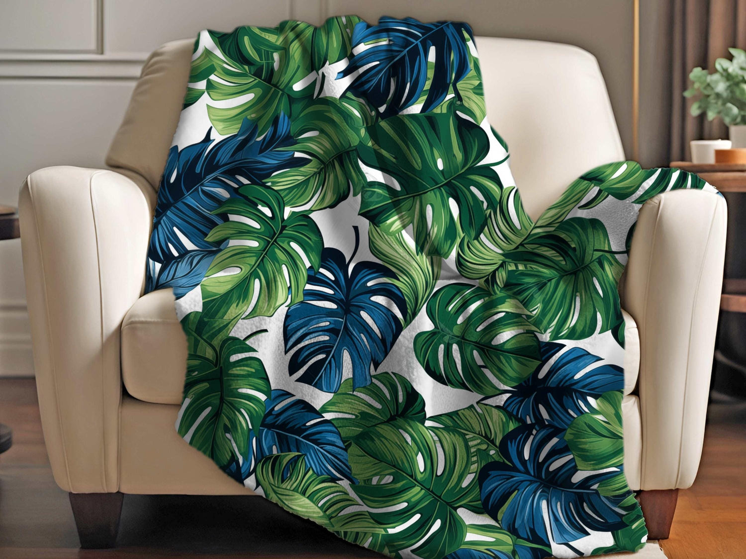 Sherpa Throw Blanket - Tropical Jungle Monstera Leaf Design Blue and Green on White -Soft Plush Throw Blanket-Jacobson Cottage