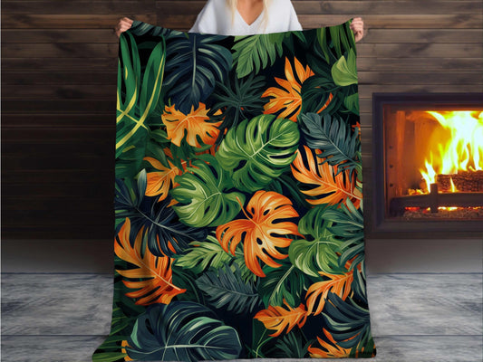 Sherpa Throw Blanket - Tropical Jungle Monstera Leaf Design - Soft Plush Throw Blanket-Jacobson Cottage