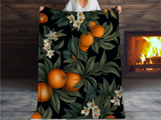 Sherpa Throw Blanket - Orange Fruit and Blossom Pattern Elegant Botanical - Soft Plush Throw Blanket-Jacobson Cottage