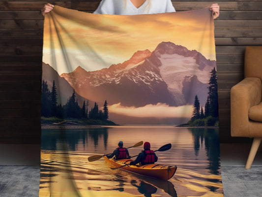 Sherpa Throw Blanket - Kayaking in the mountains at dusk on a reflective lake - Soft Plush Throw Blanket-Jacobson Cottage