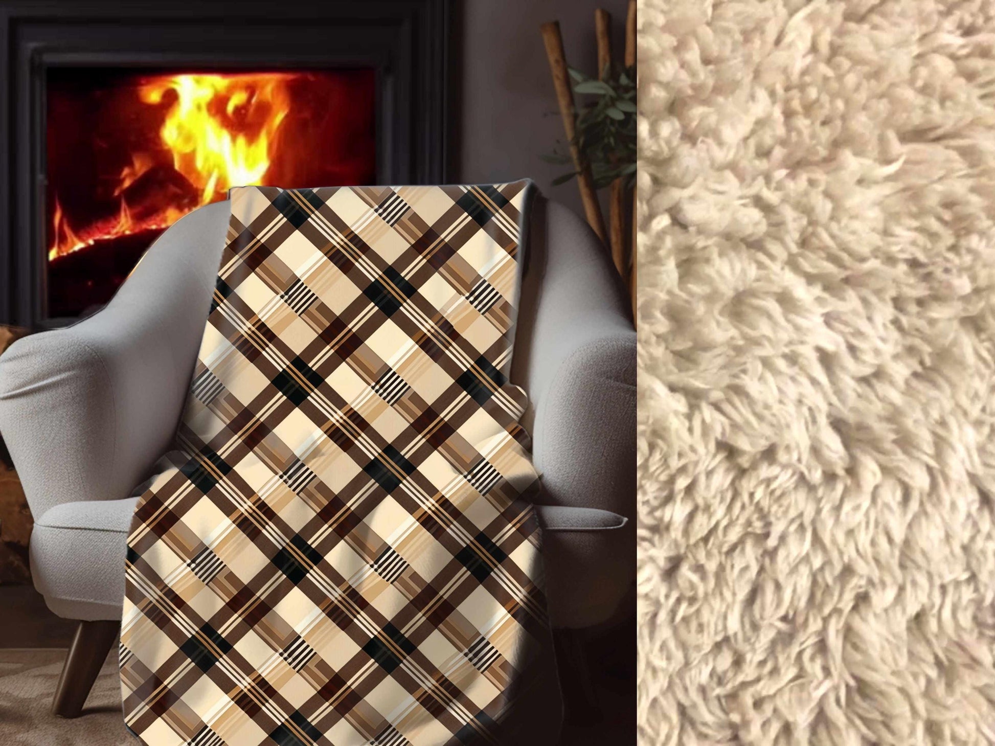 Sherpa Throw Blanket - Beige and Brown Plaid - Soft Plush Throw Blanket-Jacobson Cottage