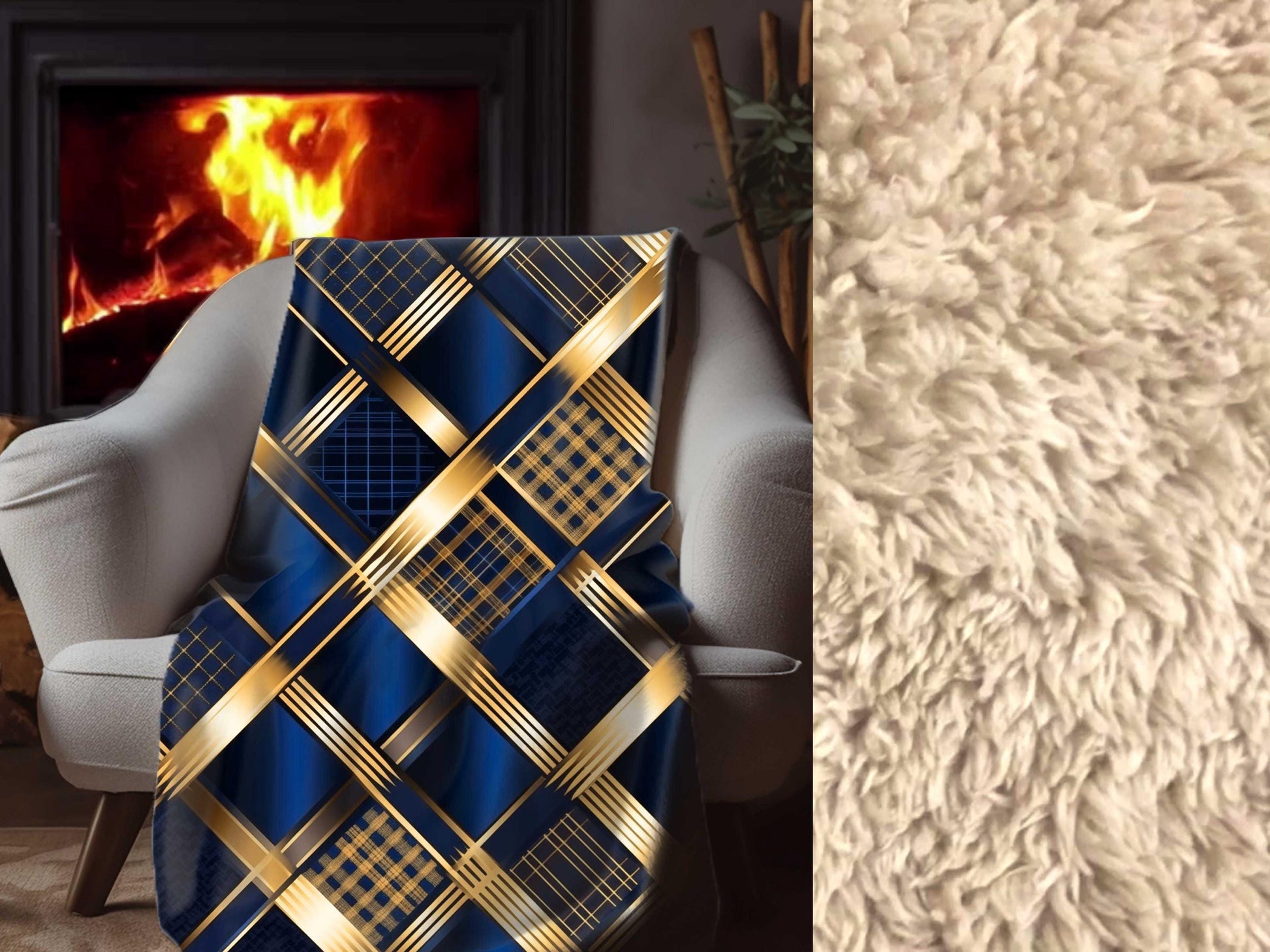 Sherpa Throw Blanket - Navy and Gold Geometric Pattern Elegant Modern - Soft Plush Throw Blanket-Jacobson Cottage
