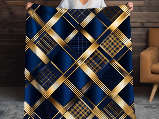 Sherpa Throw Blanket - Navy and Gold Geometric Pattern Elegant Modern - Soft Plush Throw Blanket-Jacobson Cottage