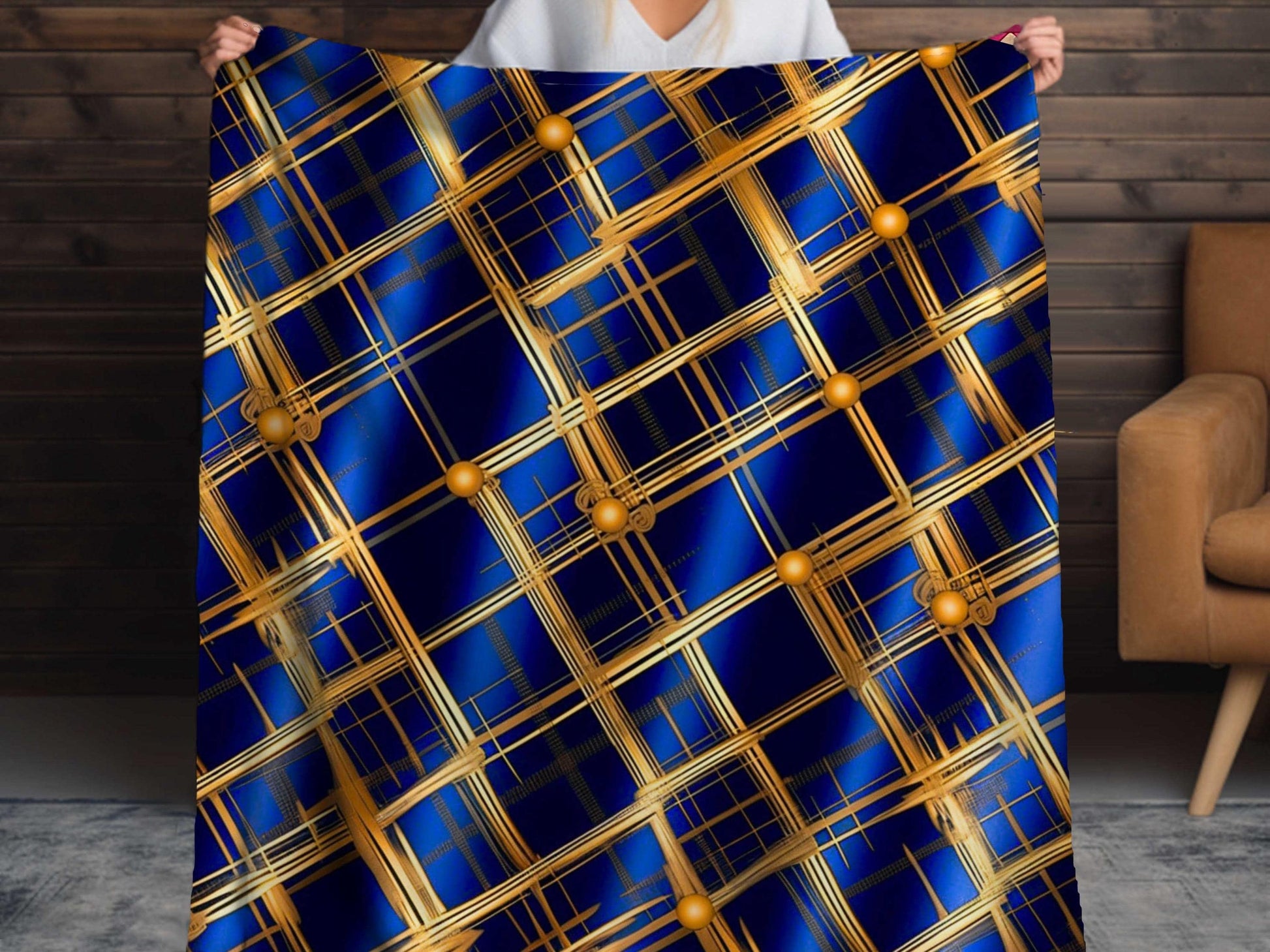 Sherpa Throw Blanket - Navy and Gold Grid Design Luxury Modern - Soft Plush Throw Blanket-Jacobson Cottage
