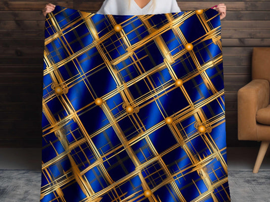 Sherpa Throw Blanket - Navy and Gold Grid Design Luxury Modern - Soft Plush Throw Blanket-Jacobson Cottage