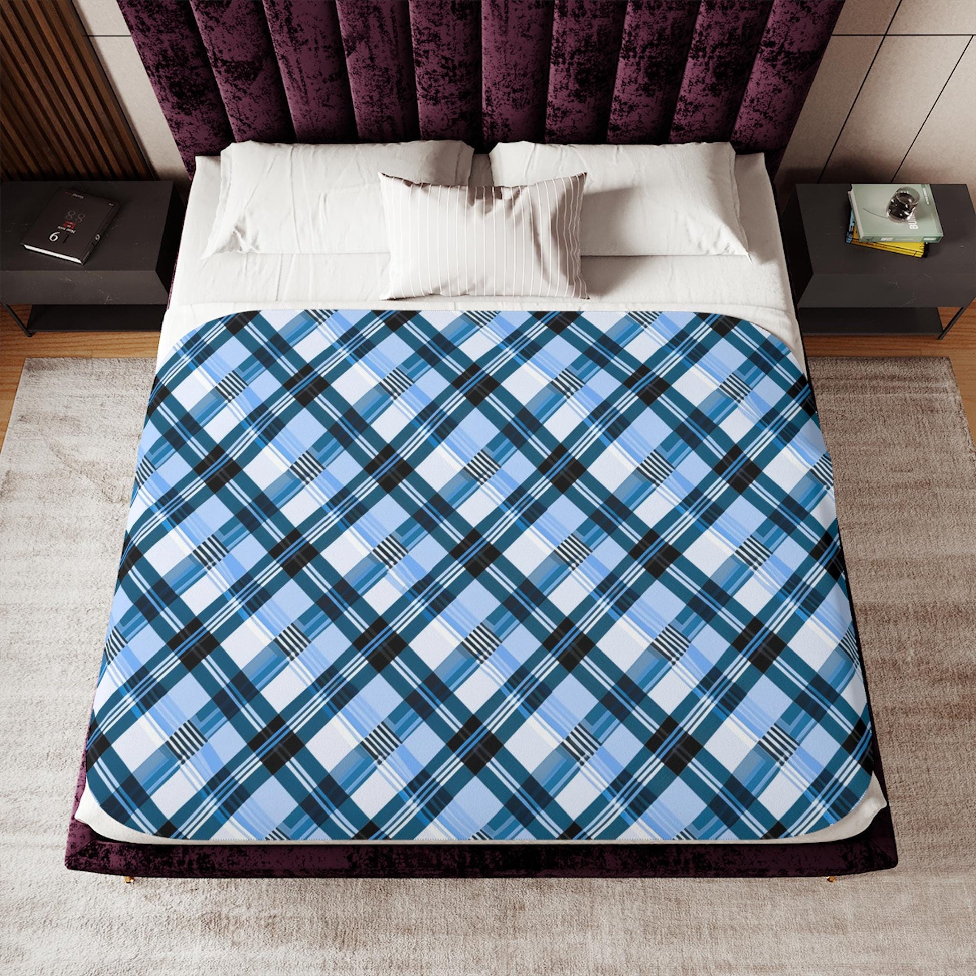 Sherpa Throw Blanket - Blue and Light Blue Plaid Design - Soft Plush Throw Blanket-Jacobson Cottage
