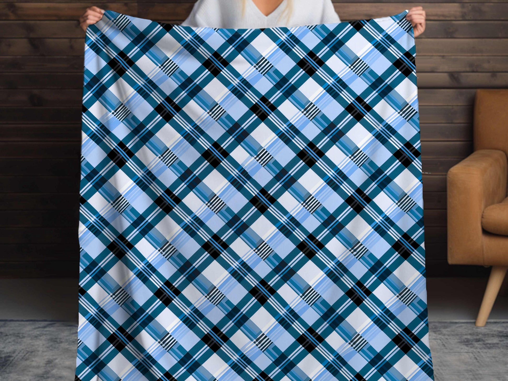 Sherpa Throw Blanket - Blue and Light Blue Plaid Design - Soft Plush Throw Blanket-Jacobson Cottage