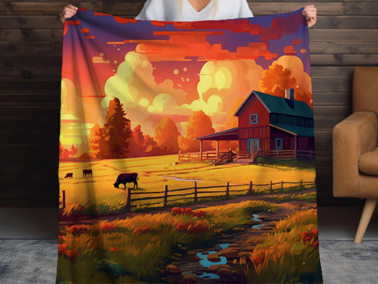Sherpa Throw Blanket - Painting Print with Cows in Farm with Farm House in Sunset - Soft Plush Throw Blanket-Jacobson Cottage
