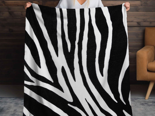 Sherpa Throw Blanket - Safari Zebra Strip Black and White Print - Soft Plush Throw Blanket-Jacobson Cottage