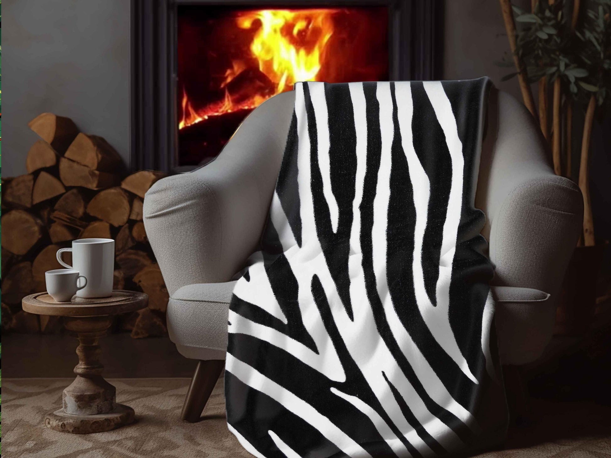 Sherpa Throw Blanket - Safari Zebra Strip Black and White Print - Soft Plush Throw Blanket-Jacobson Cottage