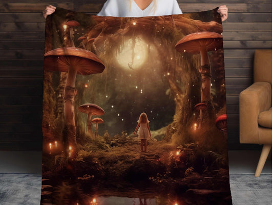 Sherpa Throw Blanket - Girl in Enchanted Mushroom Forest Fantasy Art -Soft Plush Throw Blanket-Jacobson Cottage
