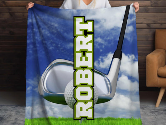 Sherpa Throw Blanket - Custom Name Blanket with Golf Club and Ball - Soft Plush Throw Blanket-Jacobson Cottage