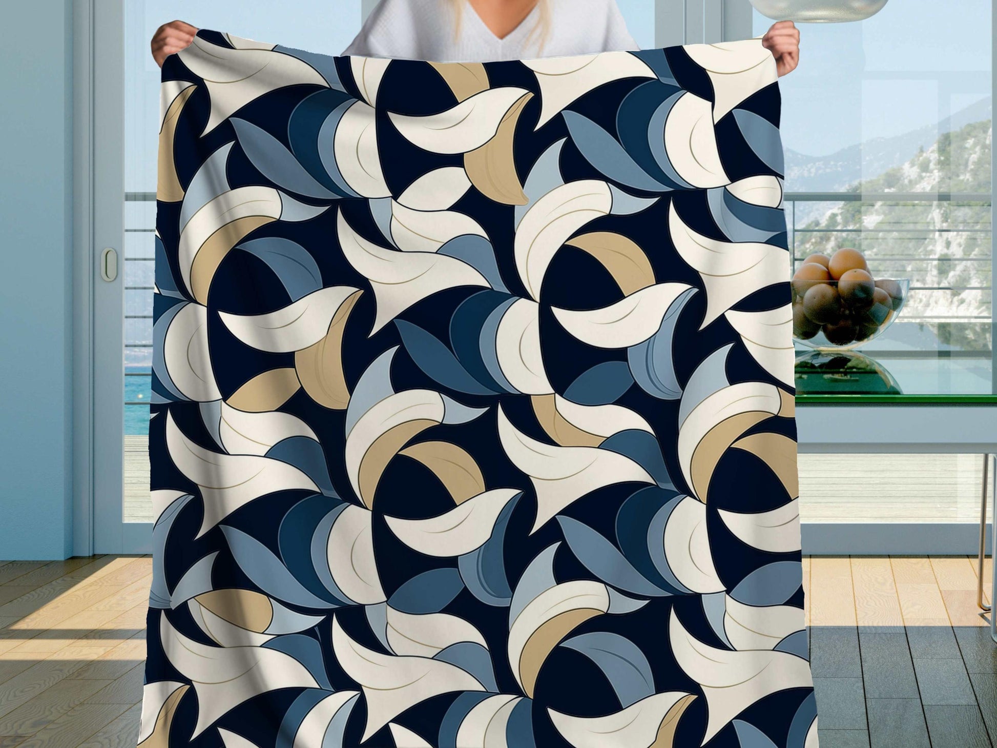 Sherpa Throw Blanket - Blue and Beige Abstract Wave Pattern Modern Geometric - Soft Plush Throw Blanket-Jacobson Cottage