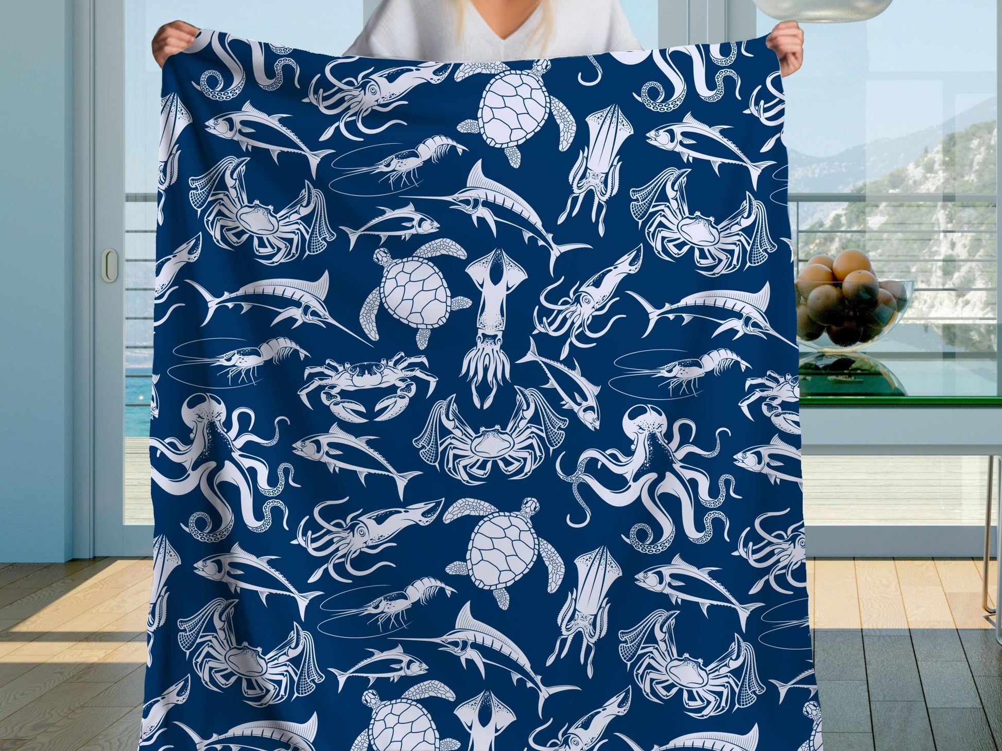 Sherpa Throw Blanket - Blanket Navy Ocean Sea Creatures Pattern Marine Life - Soft Plush Throw Blanket-Jacobson Cottage