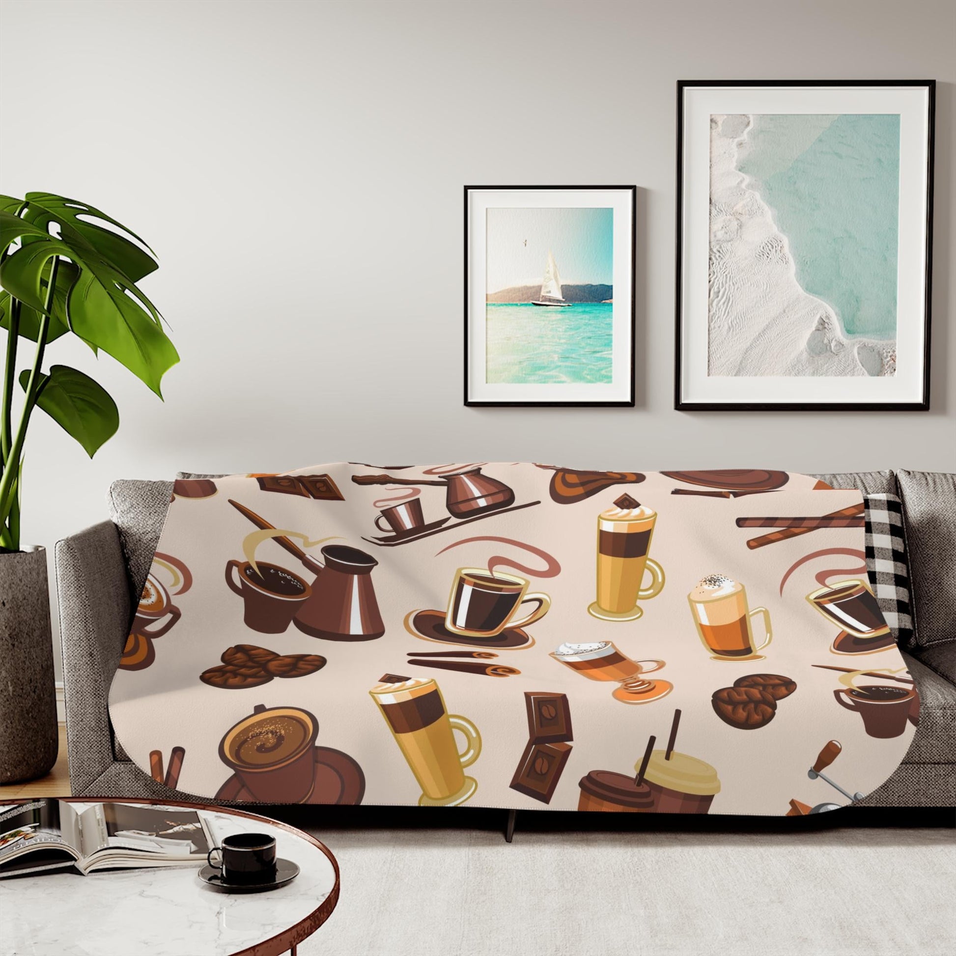 Sherpa Throw Blanket - Coffee Drink Pattern Cozy Barista Style - Soft Plush Throw Blanket-Jacobson Cottage