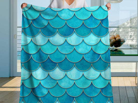 Sherpa Throw Blanket - Teal and Aqua Mermaid Scale Pattern - Soft Plush Throw Blanket-Jacobson Cottage