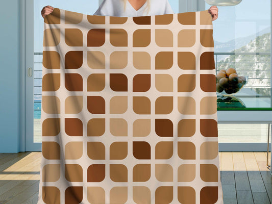 Sherpa Throw Blanket - Sherpa Blanket Retro Brown Geometric Square Pattern Mid-Century Modern - Soft Plush Throw Blanket-Jacobson Cottage