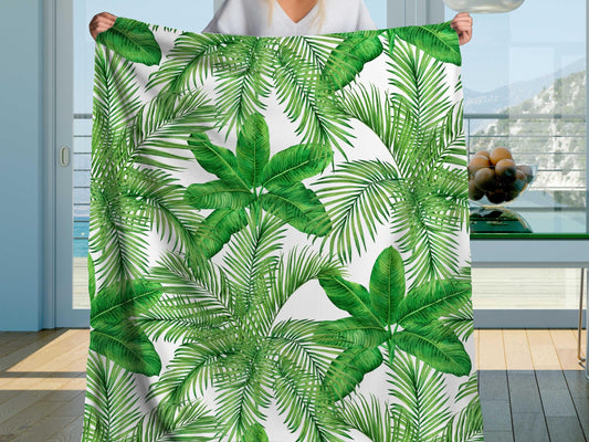 Sherpa Throw Blanket - Tropical Green Palm Leaf Pattern Jungle Inspired - Soft Plush Throw Blanket-Jacobson Cottage