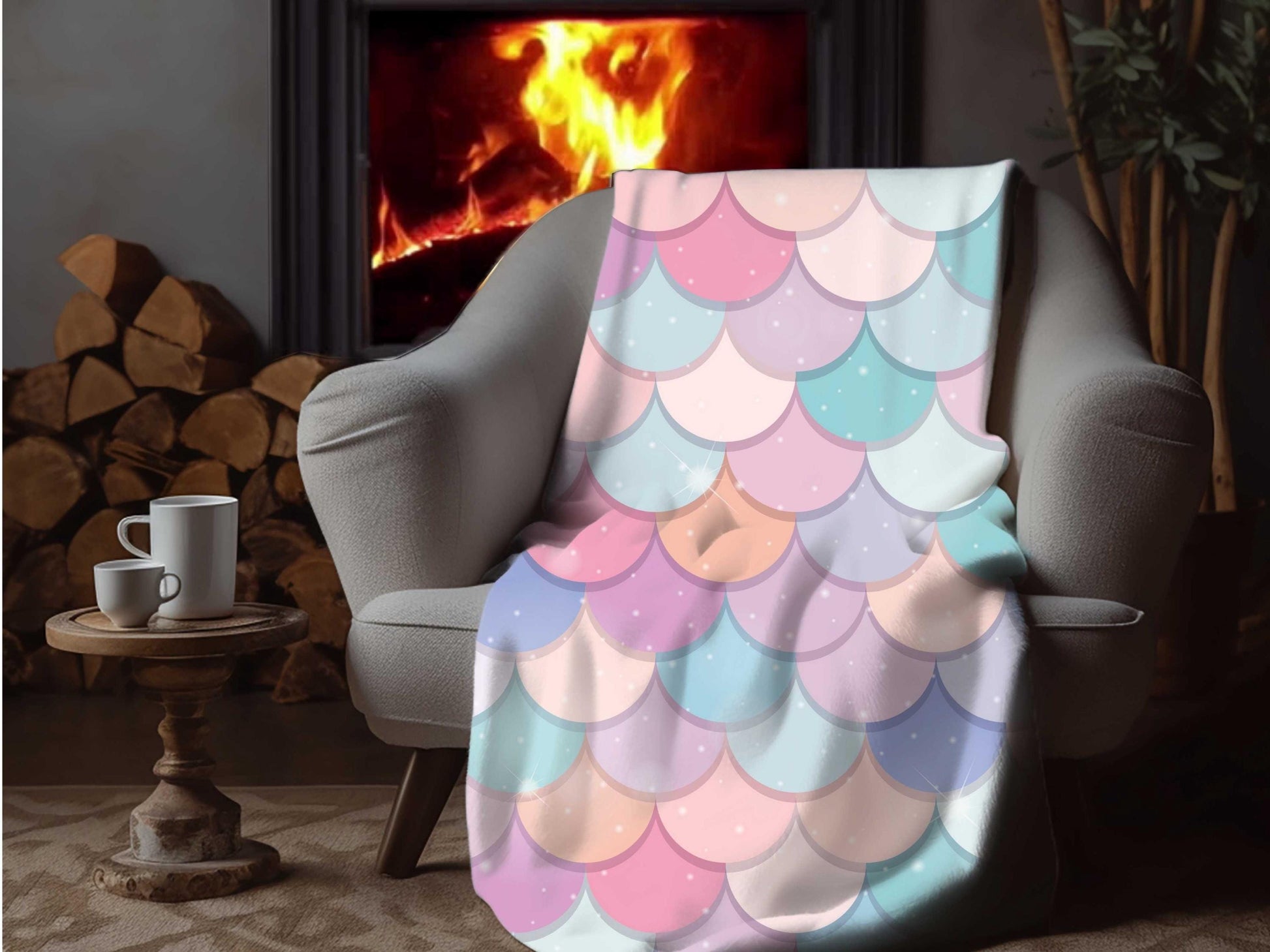 Sherpa Throw Blanket - Pastel Mermaid Scales - Soft Plush Throw Blanket-Jacobson Cottage