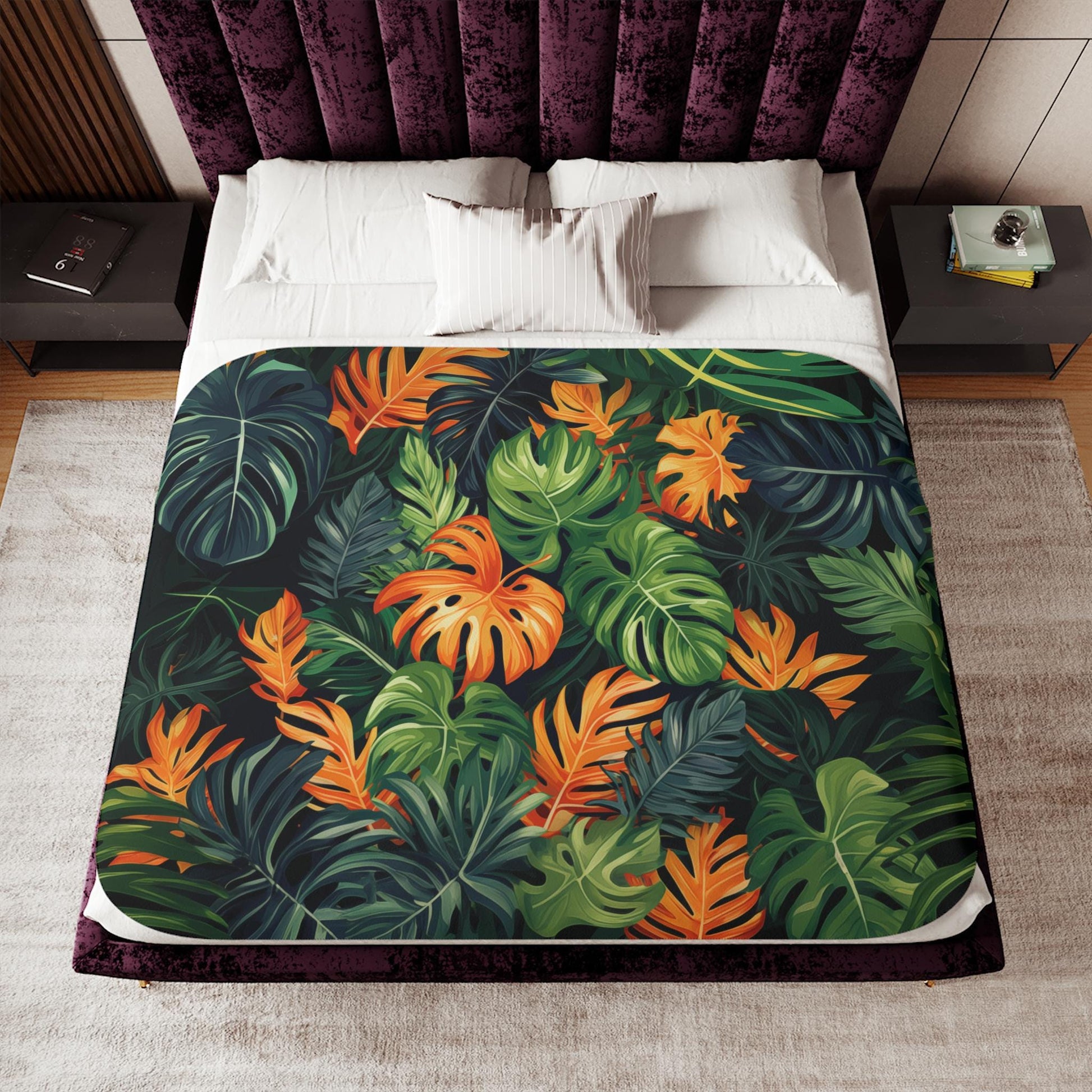 Sherpa Throw Blanket - Tropical Jungle Monstera Leaf Design - Soft Plush Throw Blanket-Jacobson Cottage