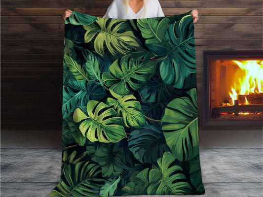 Sherpa Throw Blanket - Tropical Jungle Monstera Leaf Design Blue and Green -Soft Plush Throw Blanket-Jacobson Cottage