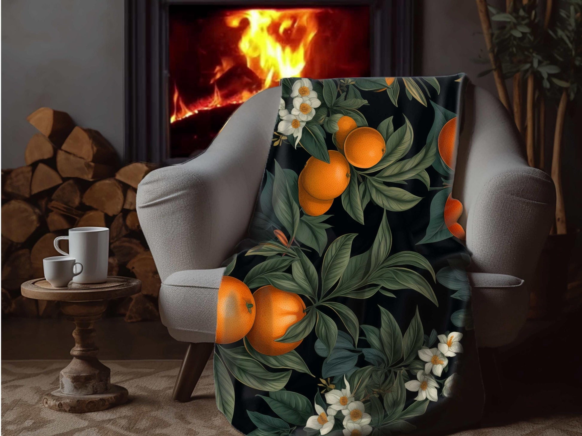 Sherpa Throw Blanket - Orange Fruit and Blossom Pattern Elegant Botanical - Soft Plush Throw Blanket-Jacobson Cottage