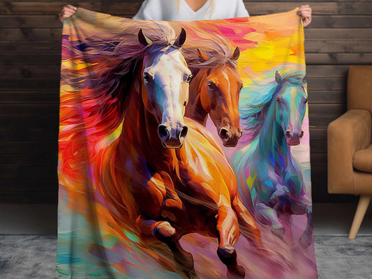 Sherpa Throw Blanket - Wild Horses Painting Design - Soft Plush Throw Blanket-Jacobson Cottage