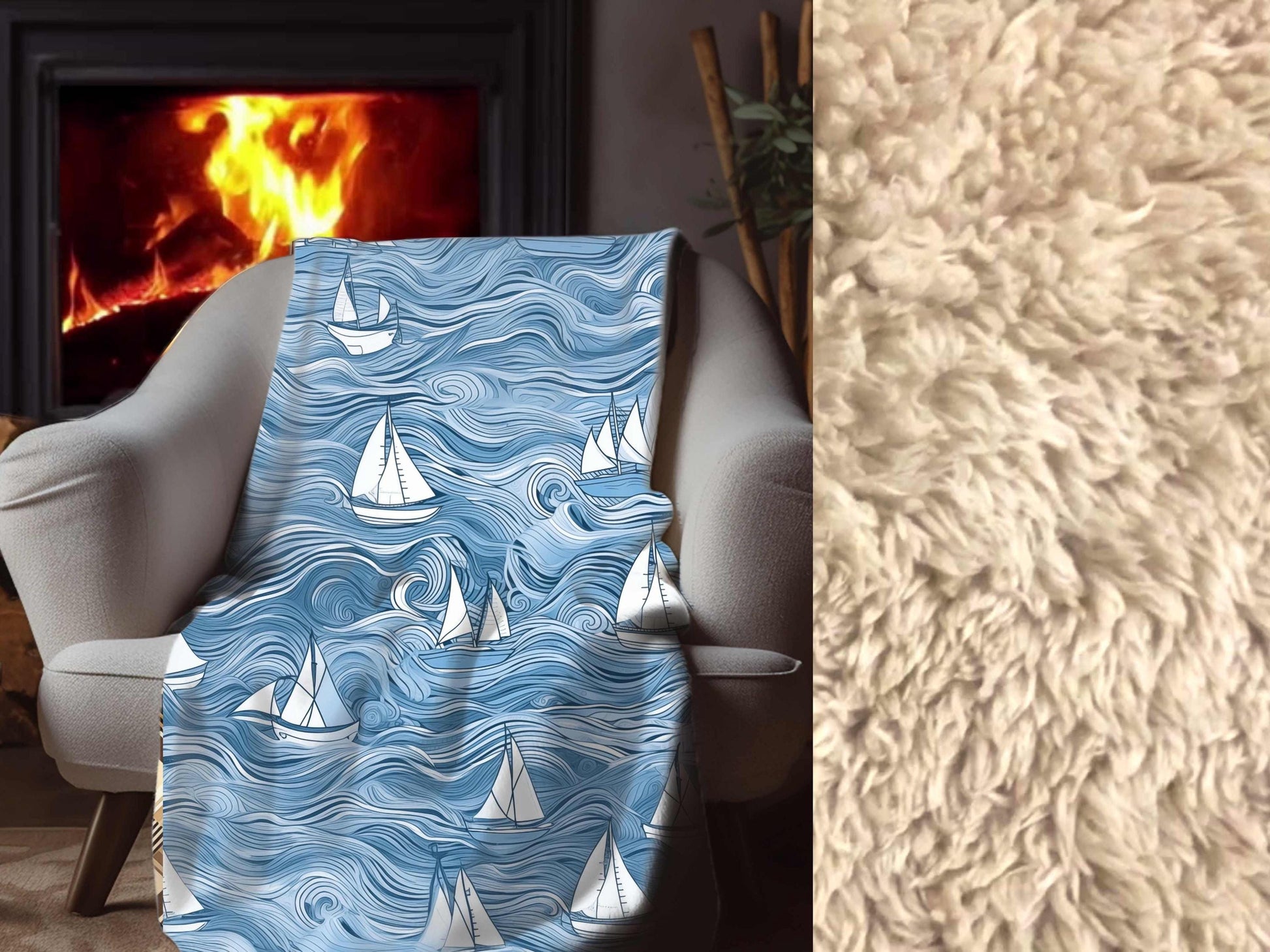 Sherpa Throw Blanket - Nautical Sailboat Blue Ocean Design - Soft Plush Throw Blanket-Jacobson Cottage
