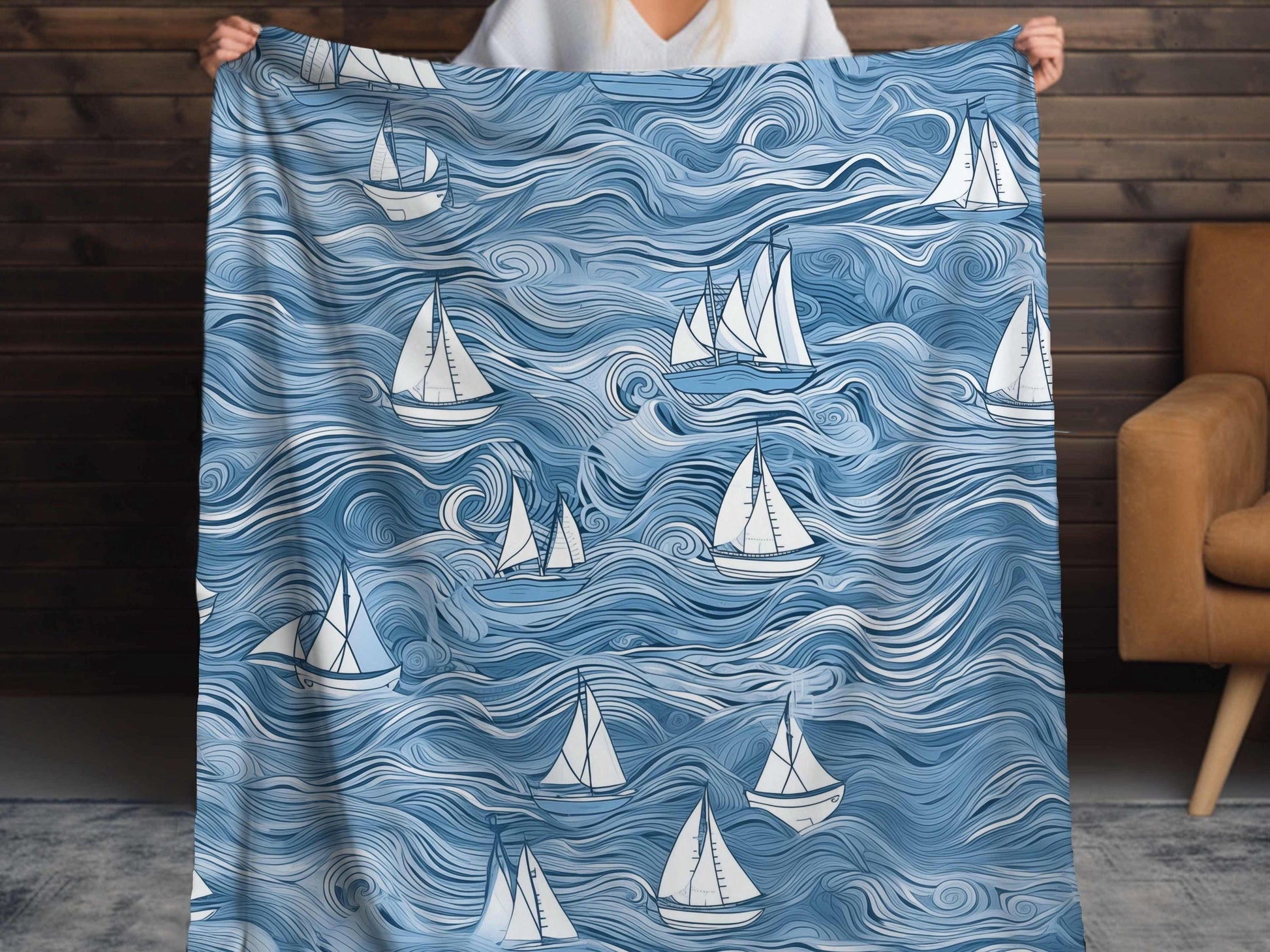 Sherpa Throw Blanket - Nautical Sailboat Blue Ocean Design - Soft Plush Throw Blanket-Jacobson Cottage
