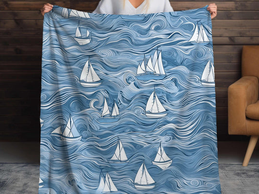 Sherpa Throw Blanket - Nautical Sailboat Blue Ocean Design - Soft Plush Throw Blanket-Jacobson Cottage