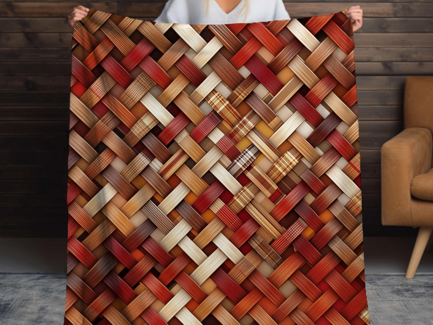 Sherpa Throw Blanket - Rustic Woven Basketweave Pattern Cozy Brown & Red Plaid Style - Soft Plush Throw Blanket-Jacobson Cottage