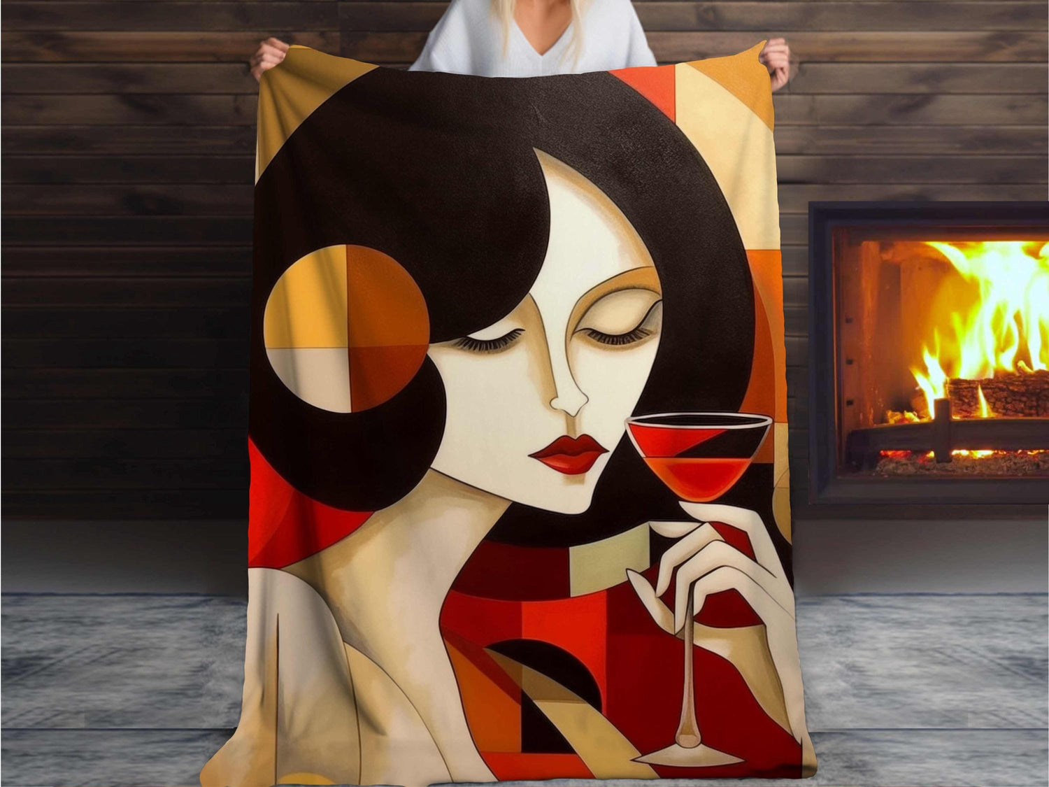 Sherpa Throw Blanket - Abstract Woman with Wine Glass Modern Art Style - Soft Plush Throw Blanket-Jacobson Cottage