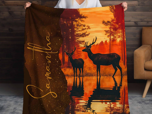 Sherpa Throw Blanket - Personalized Deer by Lake at Sunset Custom Name Hunting Design - Soft Plush Throw Blanket-Jacobson Cottage