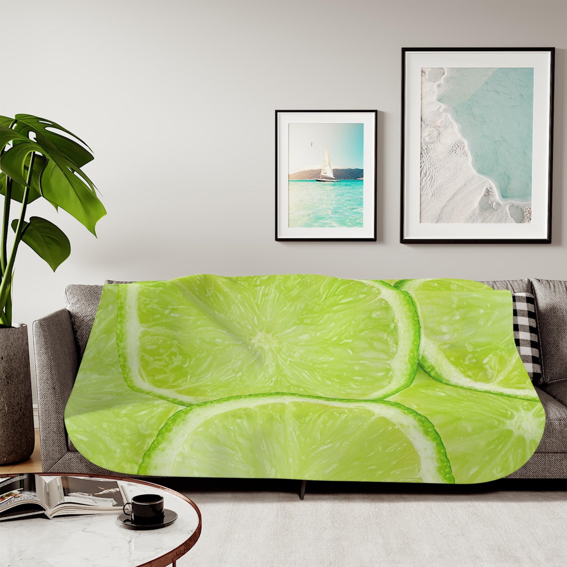 Sherpa Throw Blanket - Lemon Slice Pattern Fresh Green Citrus - Soft Plush Throw Blanket-Jacobson Cottage