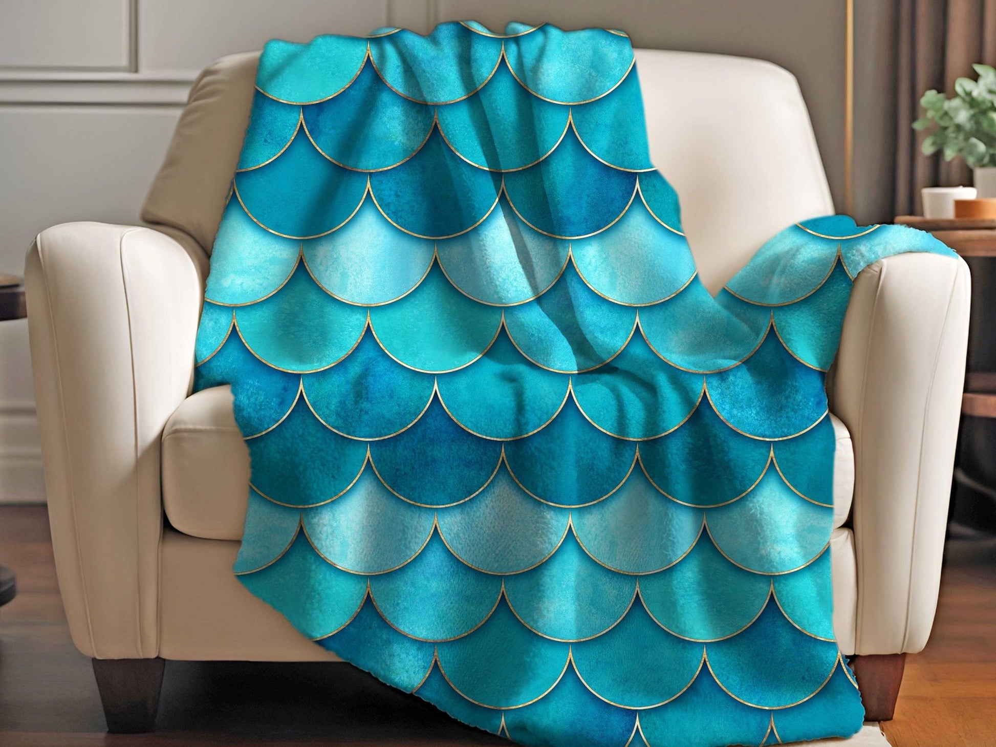Sherpa Throw Blanket - Teal and Aqua Mermaid Scale Pattern - Soft Plush Throw Blanket-Jacobson Cottage
