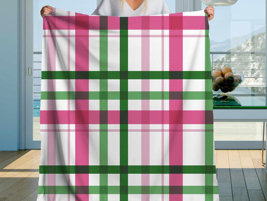 Sherpa Throw Blanket - Pink and Green Plaid Pattern Cozy Farmhouse Style - Soft Plush Throw Blanket-Jacobson Cottage