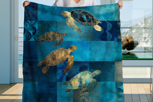 Sherpa Throw Blanket - Nautical Teal and Blues Sea Turtles patchwork design - Soft Plush Throw Blanket-Jacobson Cottage