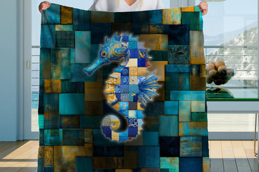Sherpa Throw Blanket - Nautical Seahorse Blue Teal Patchwork Print Pattern Design - Soft Plush Throw Blanket-Jacobson Cottage