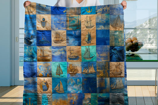 Sherpa Throw Blanket - Nautical Patchwork Print with Sailboats and Anchors - Soft Plush Throw Blanket-Jacobson Cottage
