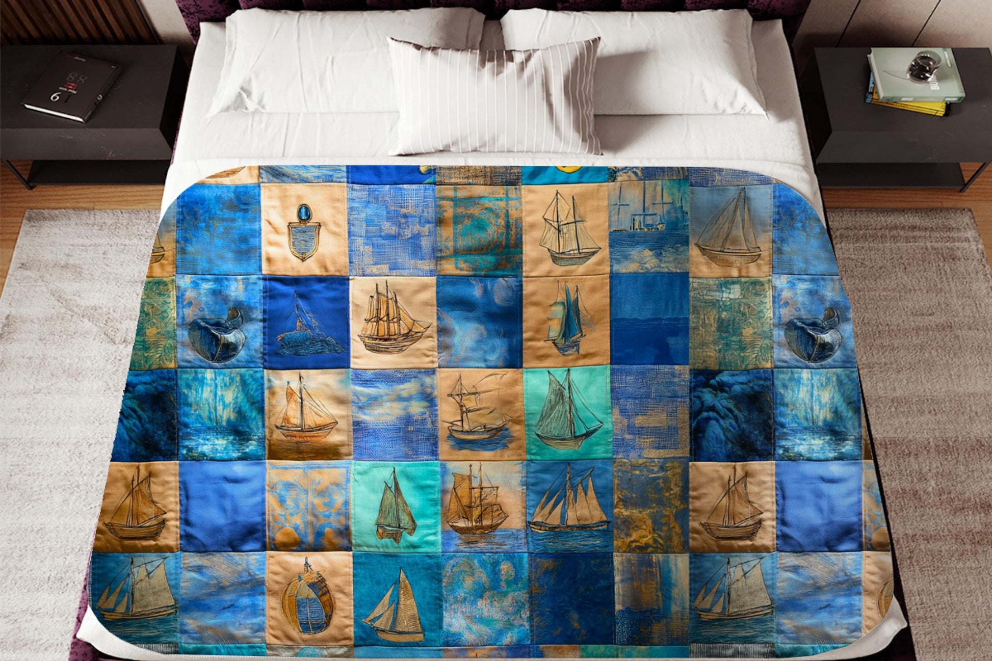 Sherpa Throw Blanket - Nautical Patchwork Print with Sailboats and Anchors - Soft Plush Throw Blanket-Jacobson Cottage