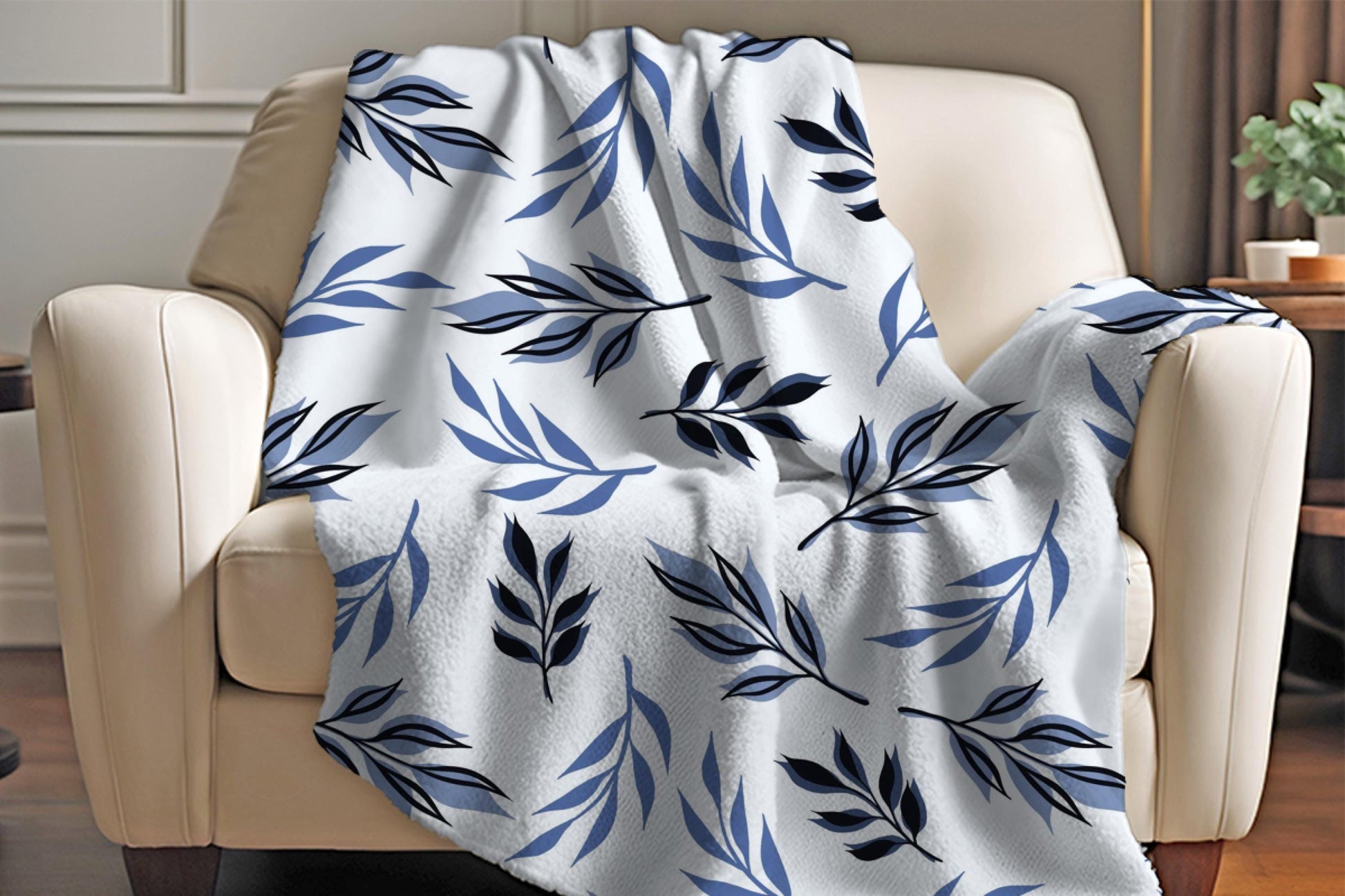 Sherpa Throw Blanket - blue and white leaves - Soft Plush Throw Blanket-Jacobson Cottage