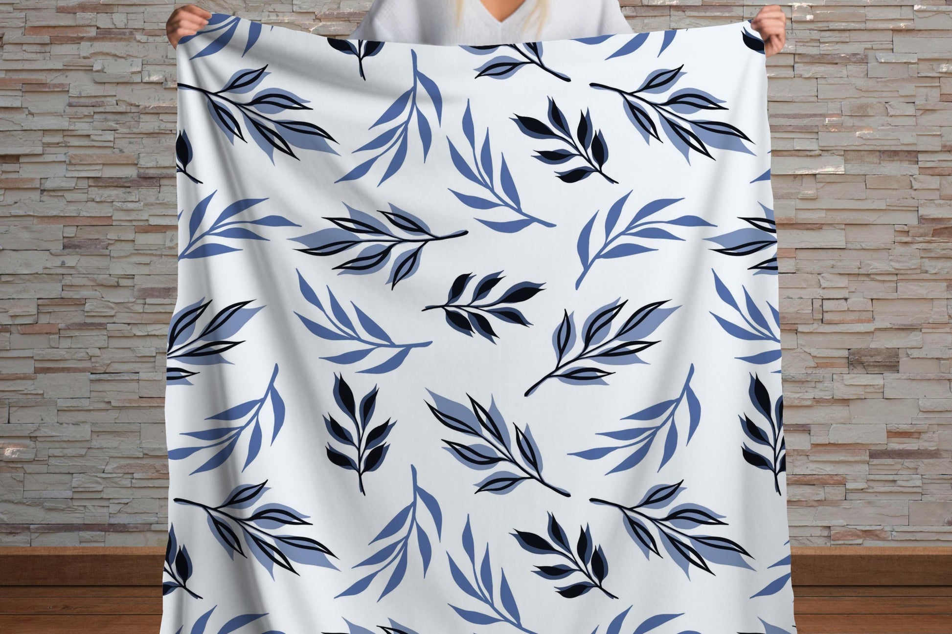 Sherpa Throw Blanket - blue and white leaves - Soft Plush Throw Blanket-Jacobson Cottage
