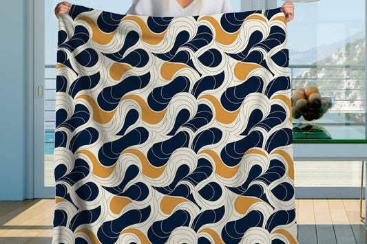 Sherpa Throw Blanket - Navy and Gold Abstract Wave Pattern - Soft Plush Throw Blanket-Jacobson Cottage
