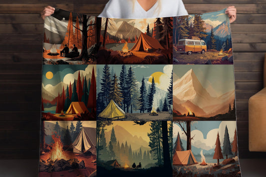 Sherpa Throw Blanket - Boho Camping Collage Outdoorsy Design- Soft Plush Throw Blanket-Jacobson Cottage