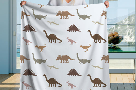 Sherpa Throw Blanket - Childs Dinosaur Pattern Brown and Beige on White - Soft Plush Throw Blanket-Jacobson Cottage