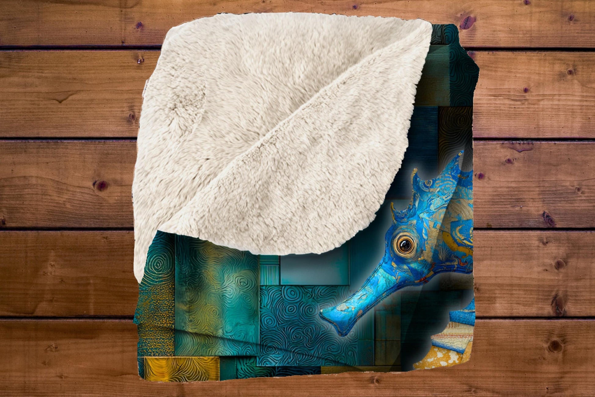 Sherpa Throw Blanket - Nautical Seahorse Blue Teal Patchwork Print Pattern Design - Soft Plush Throw Blanket-Jacobson Cottage